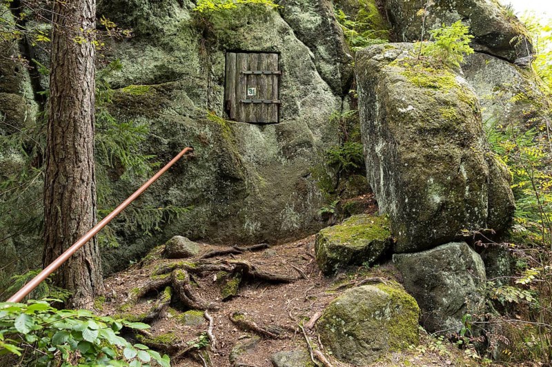 At the historic Weißer Felsen quarry, nature trail through the millstone quarries near Jonsdorf, Zittau Mountains, Saxony, Germany