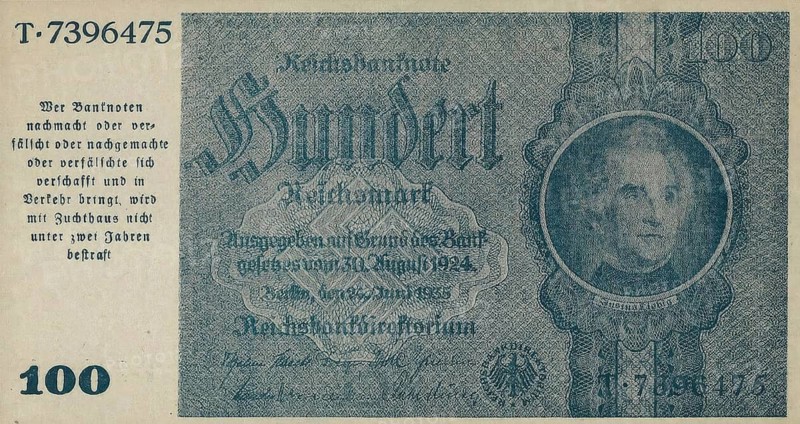 Banknote, 100 Reichsmark, 1924, Reichsbanknote, Germany, reproduction of a historical banknote