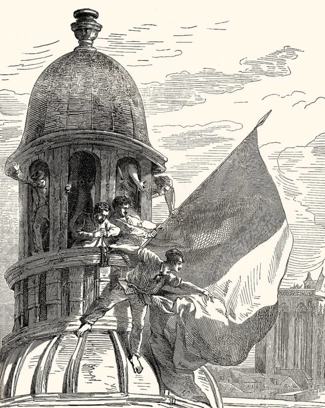 The French Revolution of 1830, July Revolution, raising the flag, Hôtel de Ville, Paris