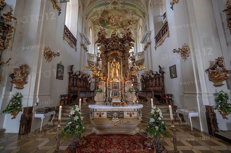 Altar of the Virgin Mary, altar of grace of the pilgrimage basilica Maria Brünnlein in rococo style built between 1748 and 1782, Wemding, Swabia Bavaria, Germany