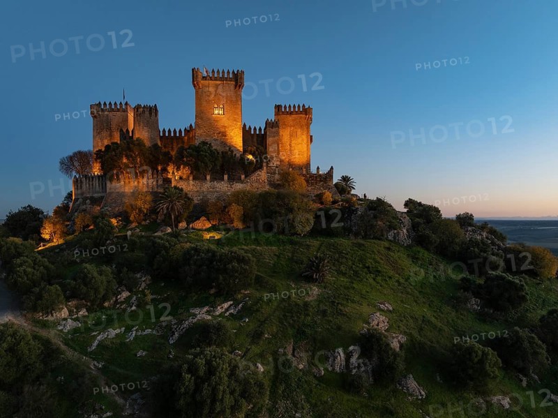 The impressive eighth-century Moorish castle of Almodóvar del Río perches high above the Guadalquivir river valley. Floodlit at dusk. Drone shot. Córdoba province, Andalusia, Spain
