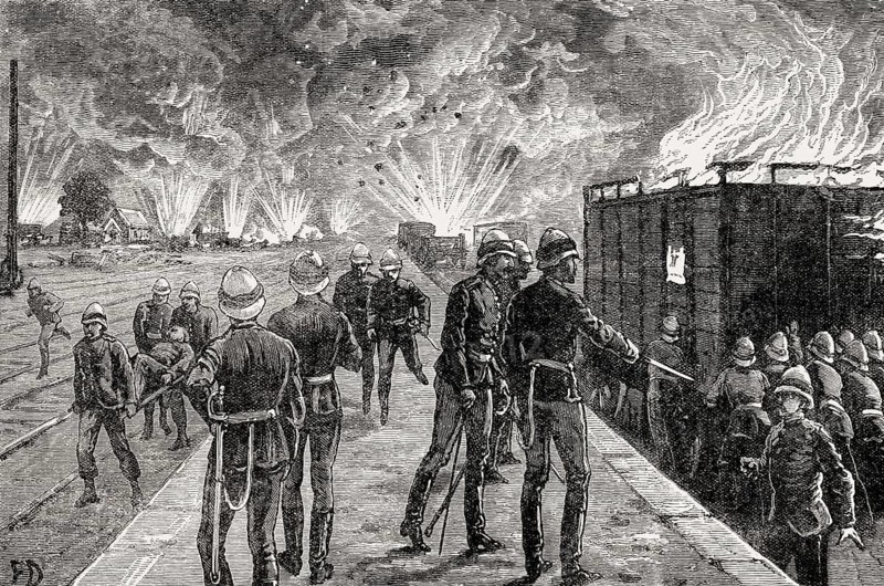 Explosion at Cairo Railway Station, British invasion in 1882, From British Battles on Land and Sea, by James Grant
