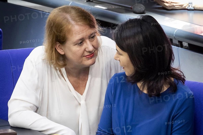 Lisa Paus (Alliance 90/The Greens), Federal Minister for Family Affairs, Senior Citizens, Women and Youth, and Annalena Bärbock (Alliance 90/The Greens), Federal Minister for Foreign Affairs, recorded during the session of the German Bundestag in Berlin, 26 June 2024