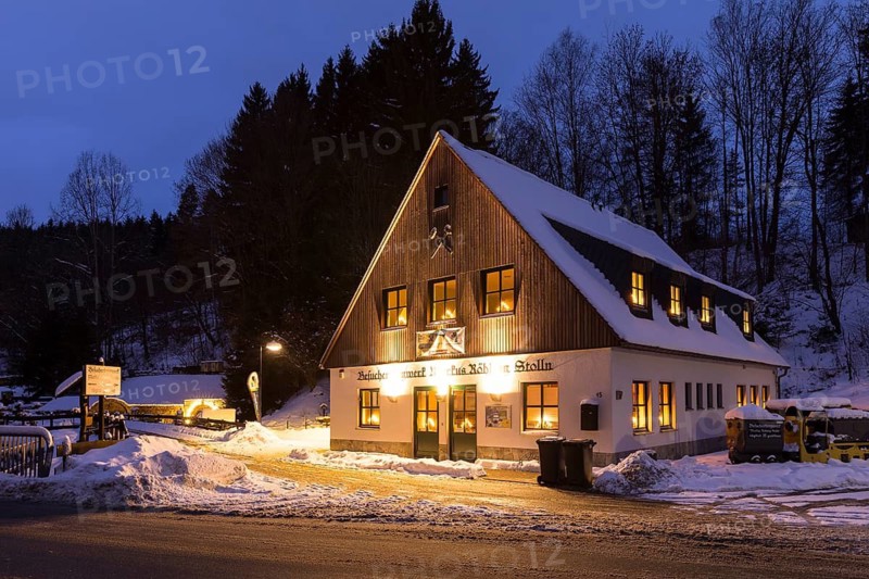 Entrance buildings and mouth hole from Markus-Röhling-Stolln visitor mine, atmospheric twilight view, Frohnau, Annaberg-Buchholz, Ore Mountains, Saxony, Germany