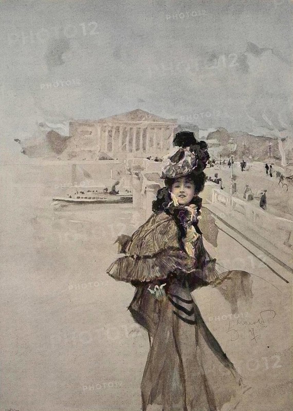 Young woman in the posh dress in Paris, 1880, France, Historic, digitally restored reproduction of a 19th century original