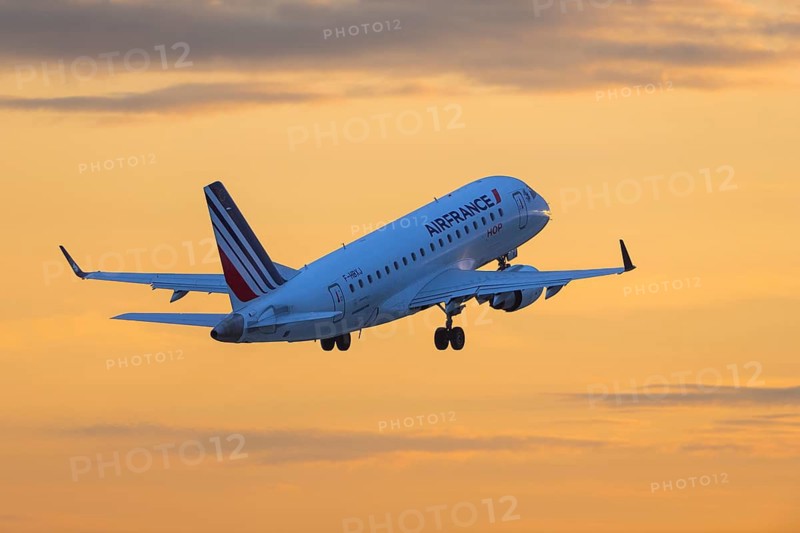 Passenger aircraft in front of a cloudy morning sky, sunrise, AIRFRANCE, Baden-Württemberg, Germany
