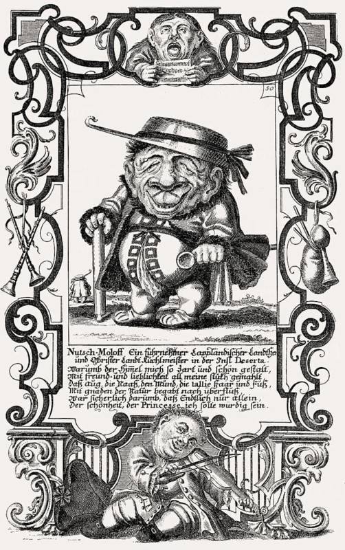 The dwarf Nutsch-Moloff, Cabinet of Dwarfs, Jacques Callot Resurrected, Antique Print, Augsburg, 1720