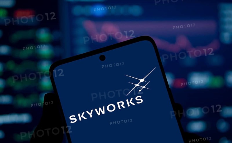 skyworks logo is displayed on smartphone. Skyworks Solutions Inc is an American semiconductor company.