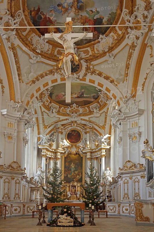 Chancel with crucifix from 1785 by master builder Johann Michael fisherman and ceiling fresco by Januarius Zick 1783, interior view, frescoes, arts and crafts, baroque, rococo, decorations, magnificent, Jesus, death, crucifixion, monastery church, St. Peter and Paul, Oberelchingen, Elchingen, Upper Swabia, Swabia, Bavaria, Germany