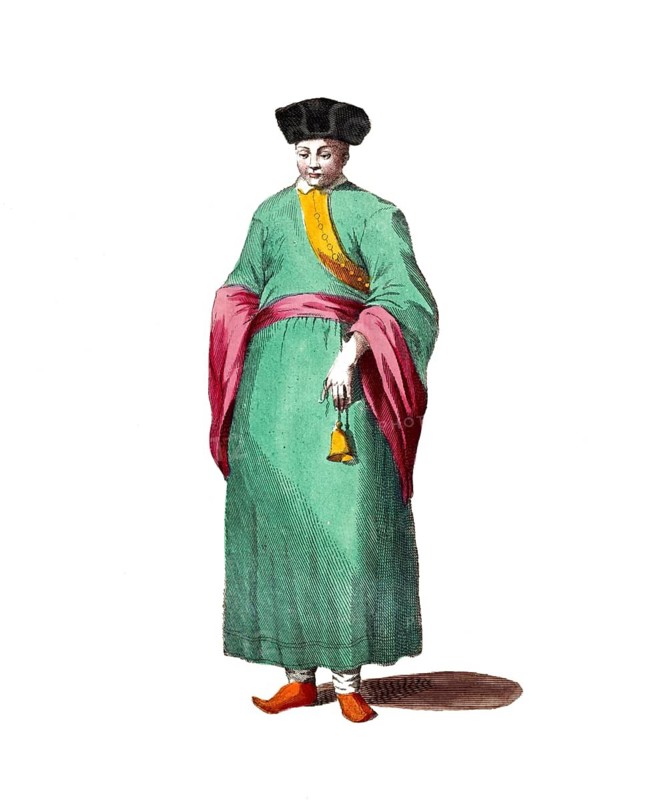 Historical clothing, fashion through the ages, robe of a bonze or priest in China, 18th century, digitally restored reproduction of a model from the 18th/19th century, exact date unknown, a man in a green robe with pink details and a small bell