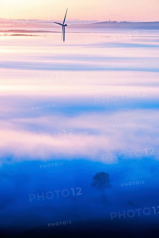 Scenic view at a wind turbine rising out of the morning fog in a rural landscape in autumn