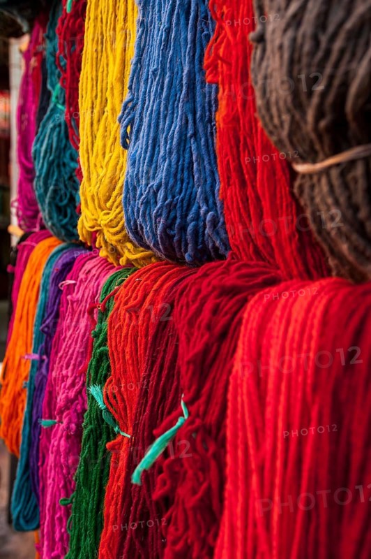 Wool for drying in the dyers' souk, colours, basic colours, presentation, oriental, dyeing, assortment, shop, market, medina, bazaar, culture, craft, traditional, Marrakech, Morocco