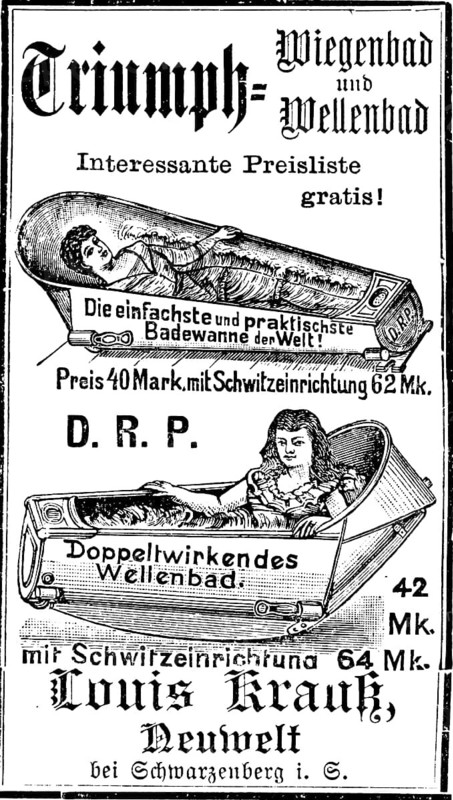 Advertisement by the Louis Krauss Company for Triumph cradle bath and wave bath, bath tub with sweating device, 1887, Germany, Historic, digitally restored reproduction of an original 19th century artwork, exact original date unknown