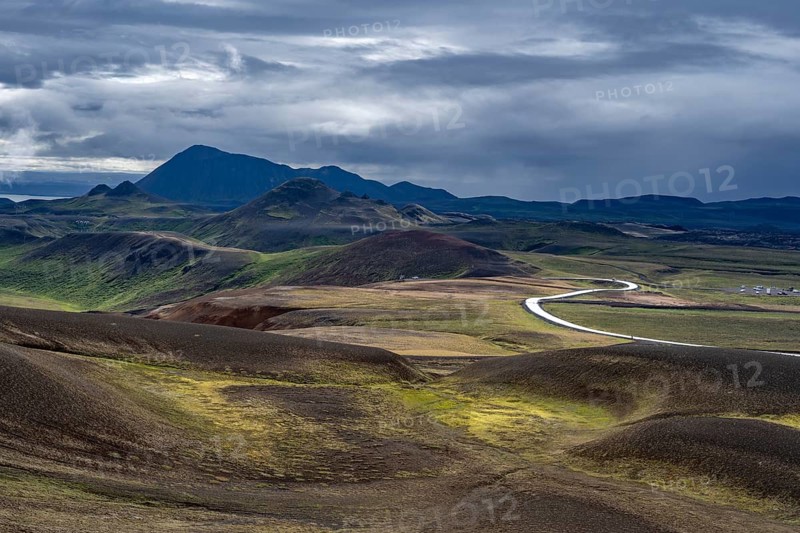 Volcanic landscape with colourful hills, Krafla geothermal area, Northern Iceland, Iceland