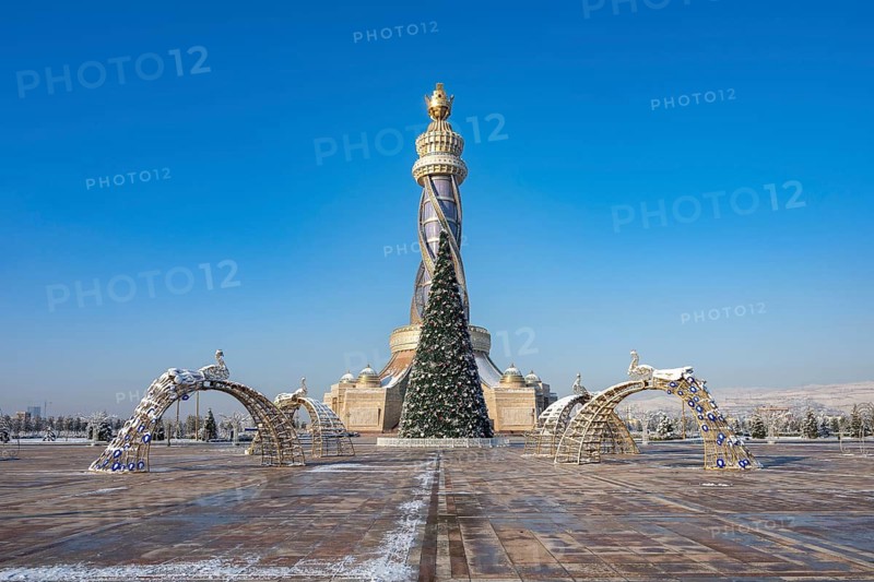 Istiklol Tower with Christmas tree, Independence and Freedom Tower, winter, Dushanbe, Tajikistan, Central Asia