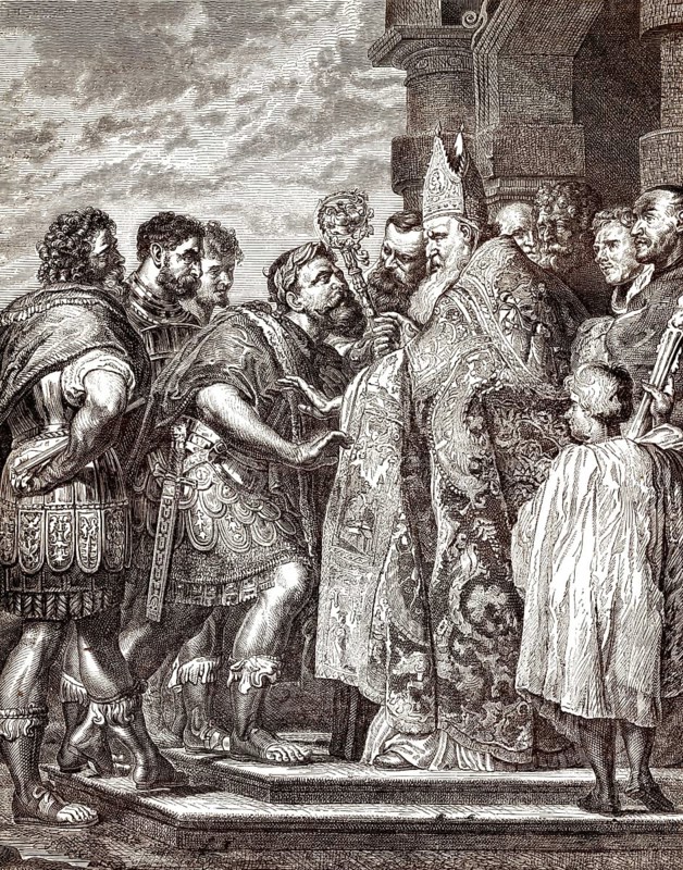 Aurelius Ambrosius oder der Heilige Ambrosius, Bischof von Mailand, der Kaiser Theodosius I. den Zugang zum Mailänder Dom verwehrt