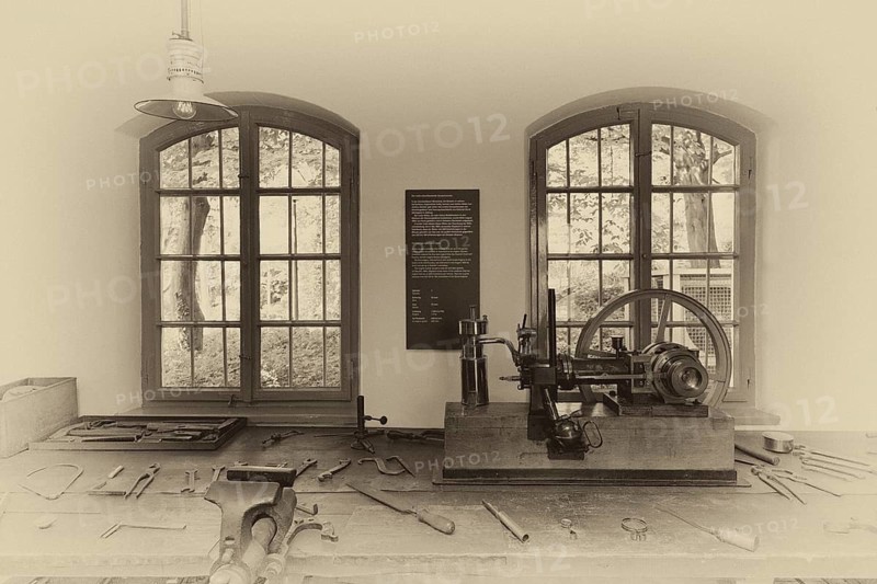 Interior photo, first vehicle engine, grandfather clock, former workshop of Gottlieb Daimler in the garden house, Gottlieb Daimler memorial, Gottlieb Daimler memorial, museum, spa gardens, black and white, retro, Bad Cannstatt, Stuttgart, Baden-Württemberg, Germany