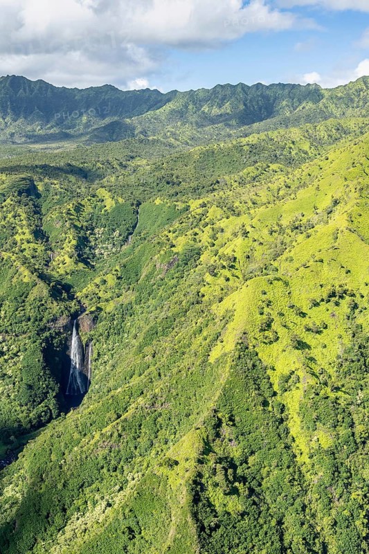 Aerial view Manawaiopuna Falls (Jurassic Park Falls), Kauai, Hawaii, USA, North America