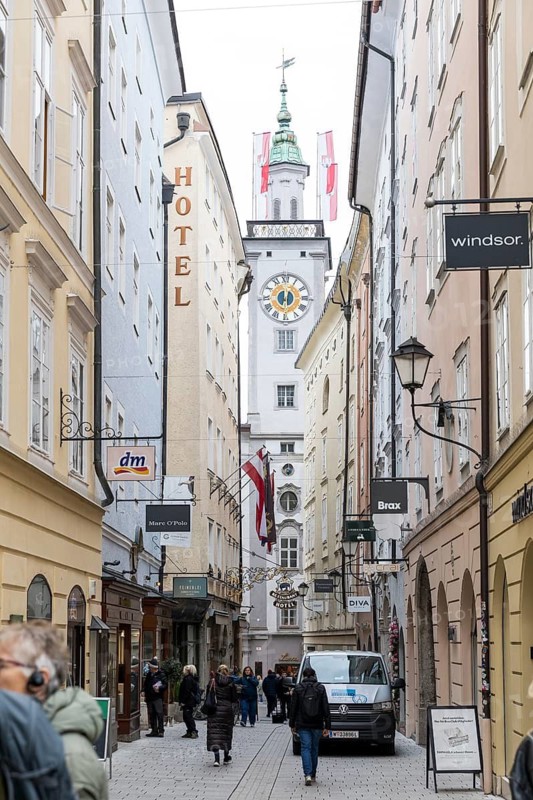 Sigmund-Haffner-Gasse with Town Hall Tower from the Old Town Hall, Old Town of Salzburg, Austria