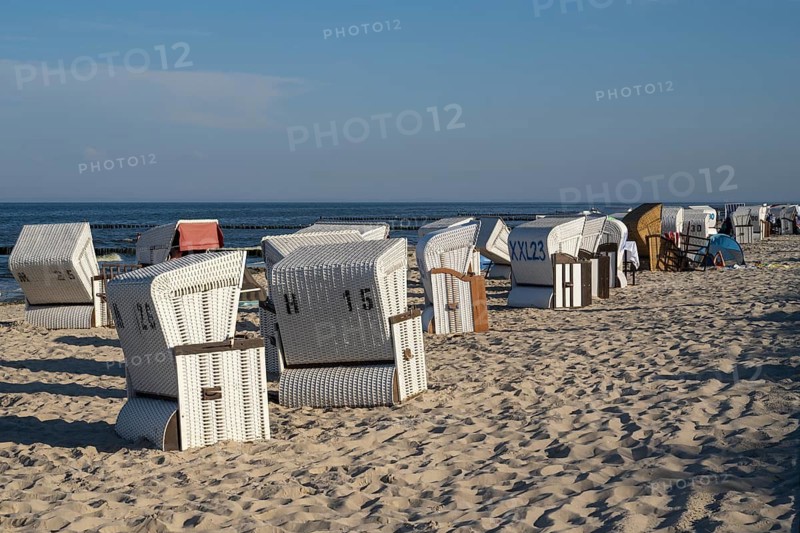 Beach chairs on the sandy beach, Loddin, Usedom Island, Baltic Sea, Mecklenburg-Western Pomerania, Germany