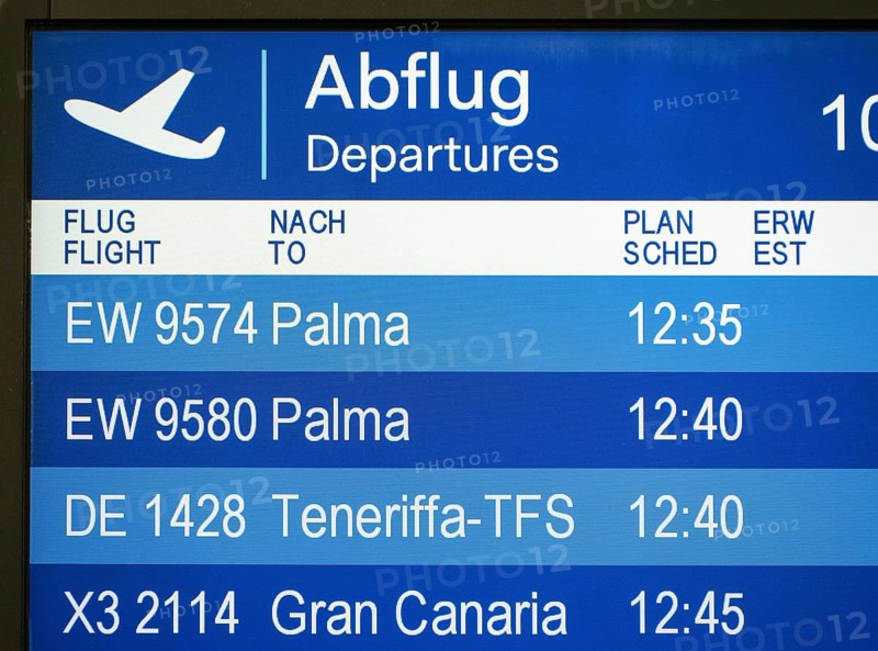Düsseldorf, North Rhine-Westphalia, Germany - Düsseldorf Airport, start of holidays in North Rhine-Westphalia, departure to Majorca, display board shows departures to Palma, Tenerife and Gran Canaria, summer holidays in times of the corona pandemic