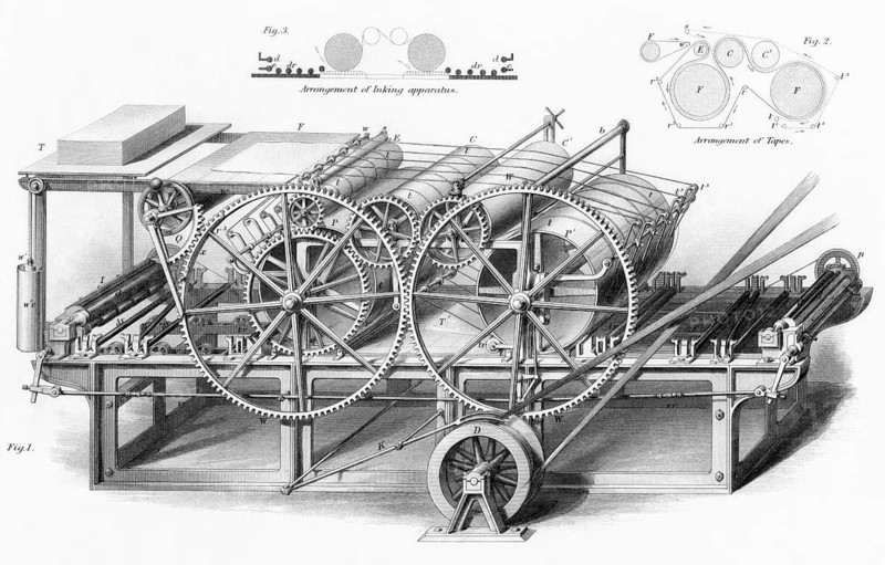 Doppelzylinder-Druckmaschine aus dem 19. Jahrhundert. Aus der Cyclopaedia of Useful Arts and Manufactures von Charles Tomlinson., digitale Reproduktion einer historischen Vorlage