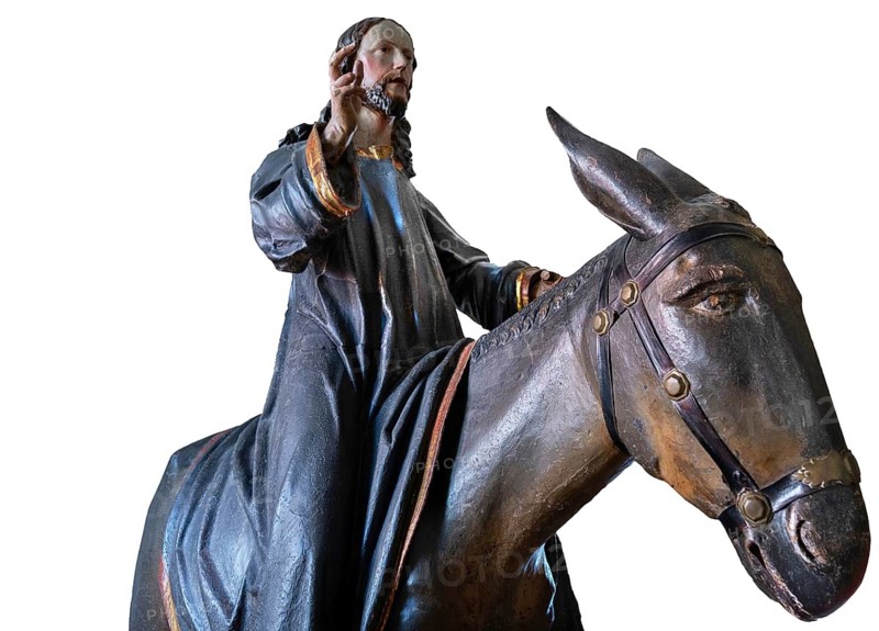 Christ on the palm donkey, detail on white background, wooden figure from around 1880, Dominican convent in Wettenhausen, Swabia, Bavaria, Germany