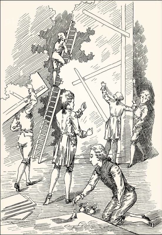 Theater sets are being built, scene from the novel Wilhelm Meister's Apprenticeship, Wilhelm Meisters Lehrjahre, by Johann Wolfgang von Goethe