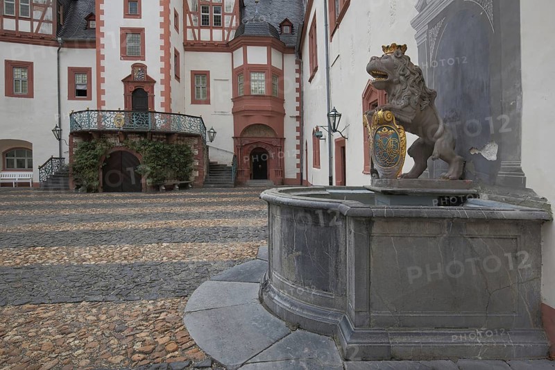 Wall fountain with lion figure and coat of arms, courtyard, baroque castle, Weilburg, Taunus, Hesse, Germany