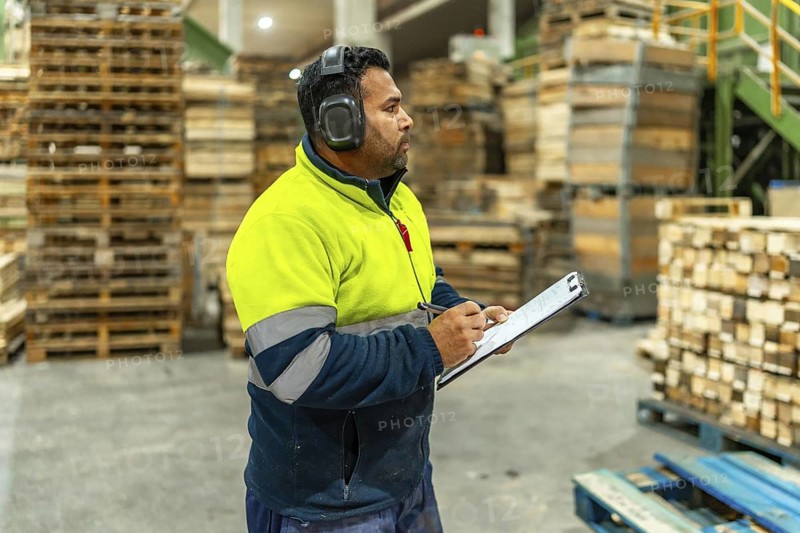 Man caucasian carpenter doing inventory writing notes in a clipboard in a recycling plant