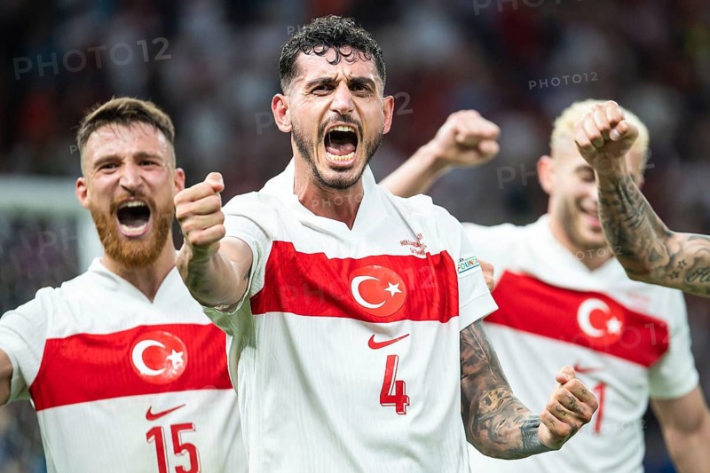 BERLIN, GERMANY - JULY 6, 2024: Euro 2024 quarterfinal match Nederlands vs Turkey (Turkiye) 2:1. Salih Ozcan (L) Samet Akaydin (R) joy after scoring goal.