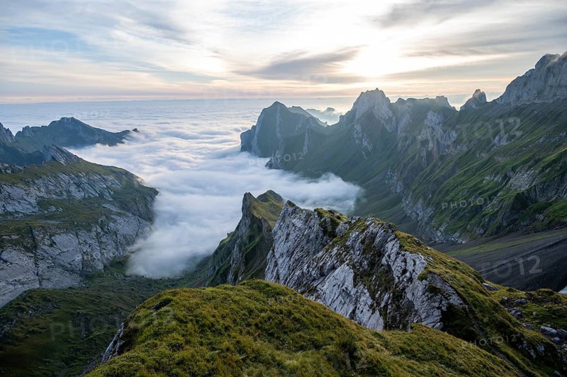 Alpstein, valley of Meglisalp at sunrise, high fog in the valley, Säntis, Appenzell Ausserrhoden, Appenzell Alps, Switzerland