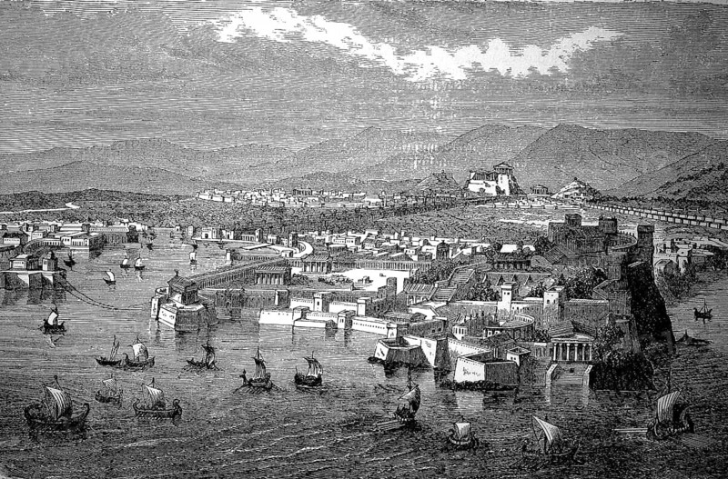 Ancient Athens, Greece, seen from Piraeus, Illustration from 1880, Historical, digital reproduction of an original 19th century artwork