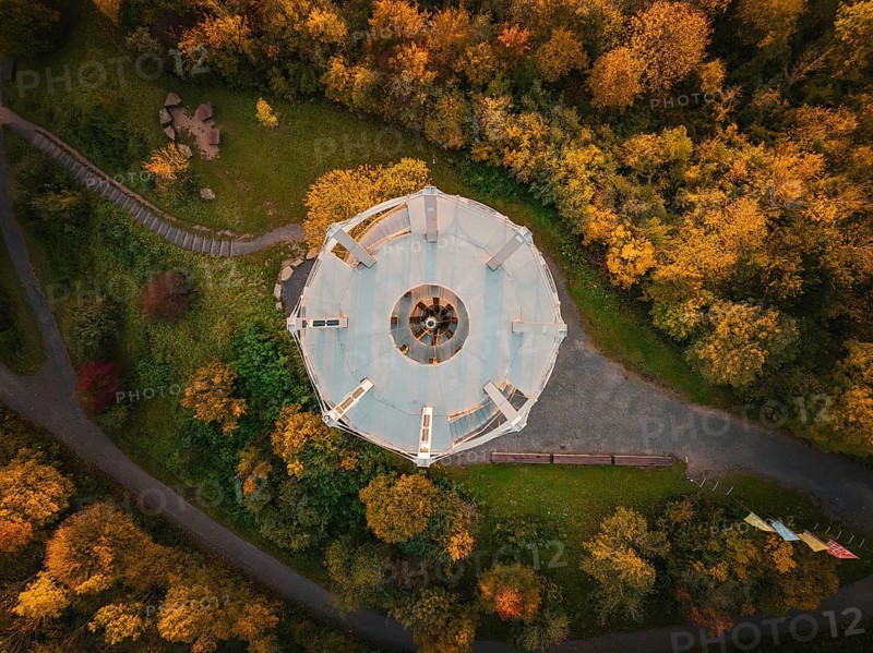 Aerial view of the Schönbuchturm in autumn forest at sunrise, Herrenberg, Germany
