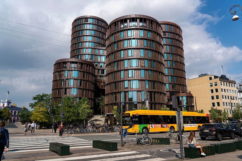 Axel Towers building complex, at the central station, round facades, offices and shops, catering, Copenhagen, Denmark