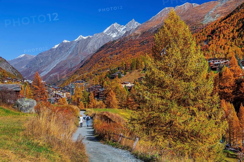 Autumn landscape with hiking trail and view of the village and dome 4545m of the Mischabel group, Zermatt, Mattertal, Valais, Switzerland