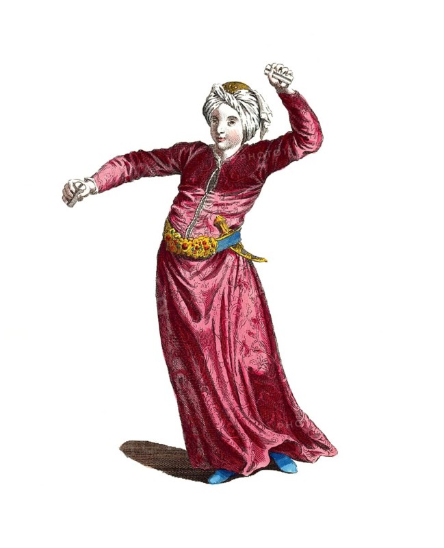 Historical clothing, fashion over time, clothing of a Turkish dancer in 1700, digitally restored reproduction of a model from the 18th/19th century, exact date unknown, woman in red dress and blue shoes dances with raised arms