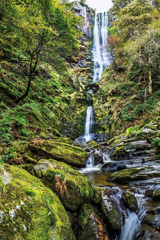 Autumn colors over Pistyll Rhaeadr Waterfall, Berwyn Mountains, Oswestry, Shrewsbury, Wales, UK