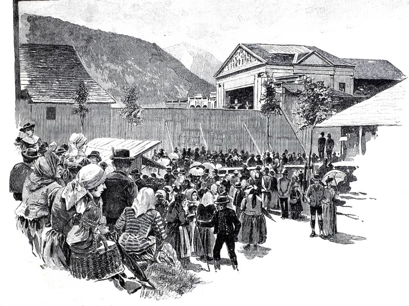 Passion play in Oberammergau, many people have gathered in front of the fence who do not have a ticket and Zugören, 1890, Bavaria, Germany, illustration, reproduction from a model from the 19th century. Authentic, file restored for optimal use, exact date of submission unknown, historical