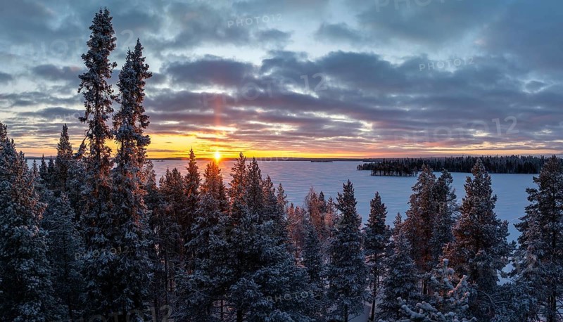 Winter landscape with frozen lake, Posio, Lapland, Finland