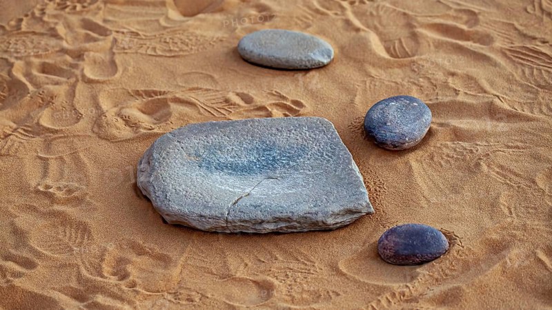 Various stones lie on sandy ground, surrounded by footprints in a desert landscape, Prehistoric grinding stones in the Sahara in Algeria