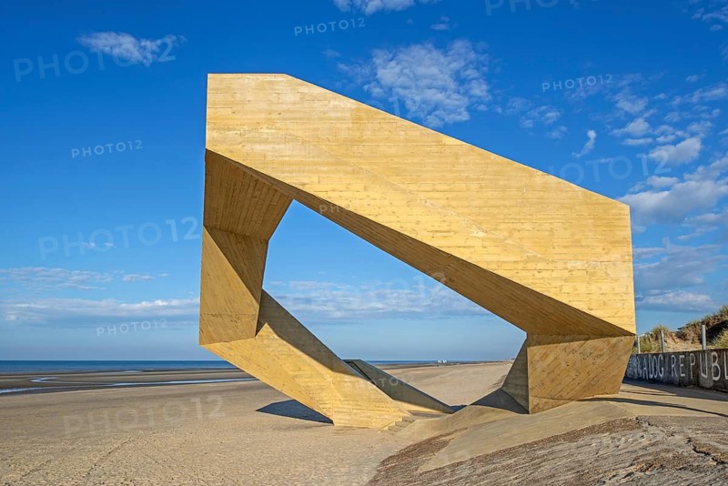 Westerpunt, concrete sculpture on beach along the North Sea coast at seaside resort De Panne, West-Flanders, Belgium