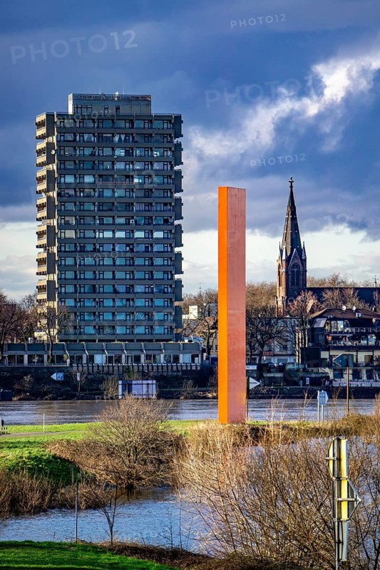 Ruhr estuary in the Rhine, high-rise building with hotel in Duisburg Homberg, sculpture Rhine orange, free columbarium Rheinkirche Duisburg-Homberg, North Rhine-Westphalia, Germany
