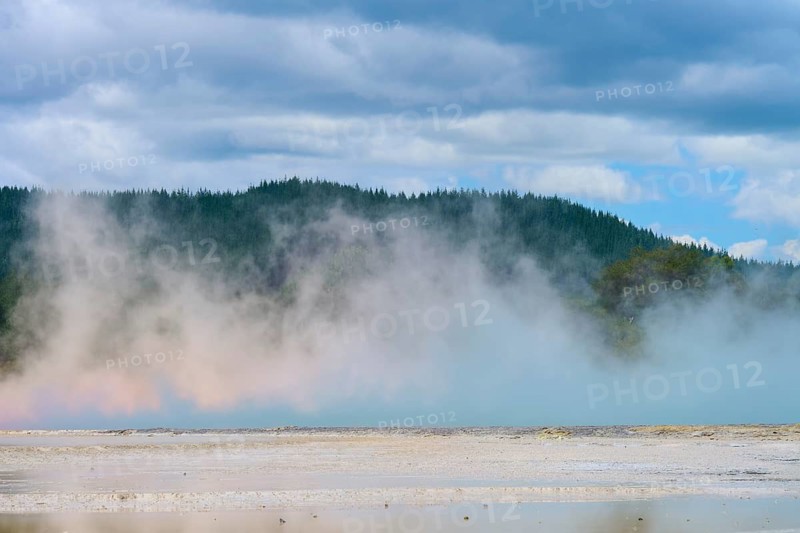 Steam hovers over a landscape of water and forests, under an overcast sky, Champagne Pool thermal lake, Wai-O-Tapu Thermal Wonderland, Rotorua, North Island, New Zealand