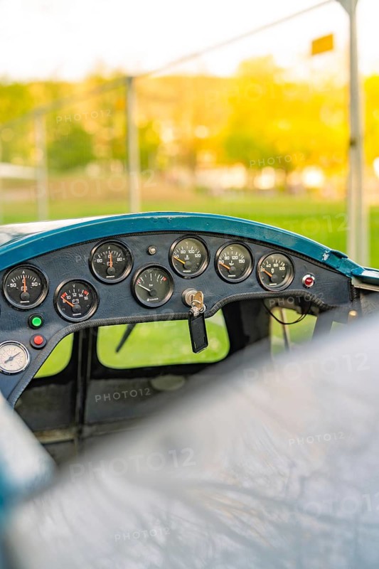Detailed view of a retro aircraft cockpit with many instruments and displays, Nagold, Black Forest, Germany