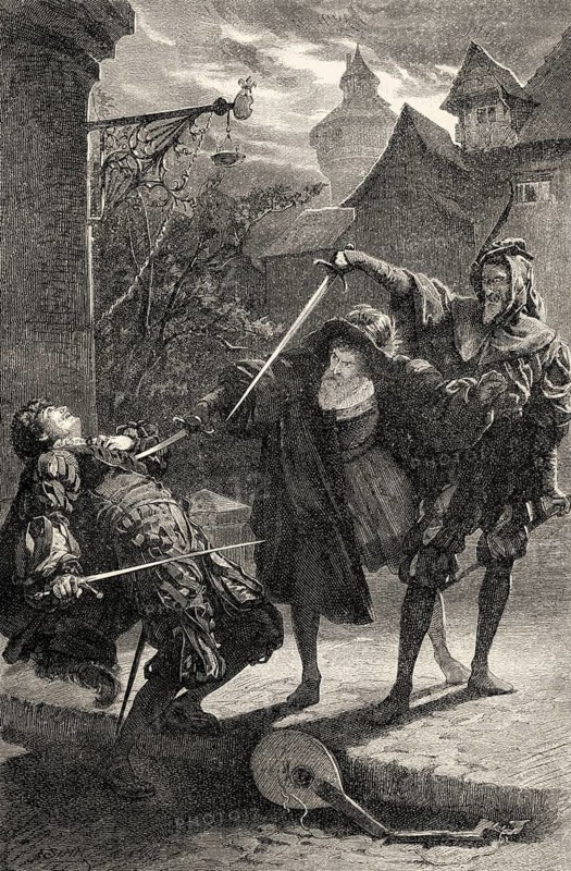 Faust and Mephistopheles killing Valentine, first part of the tragic play Faust by Johann Wolfgang von Goethe
