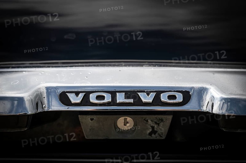 Chromed trunk handle with Volvo lettering, vintage car, black Volvo Amazon, medium class car from Swedish car manufacturer Volvo, built in 1968