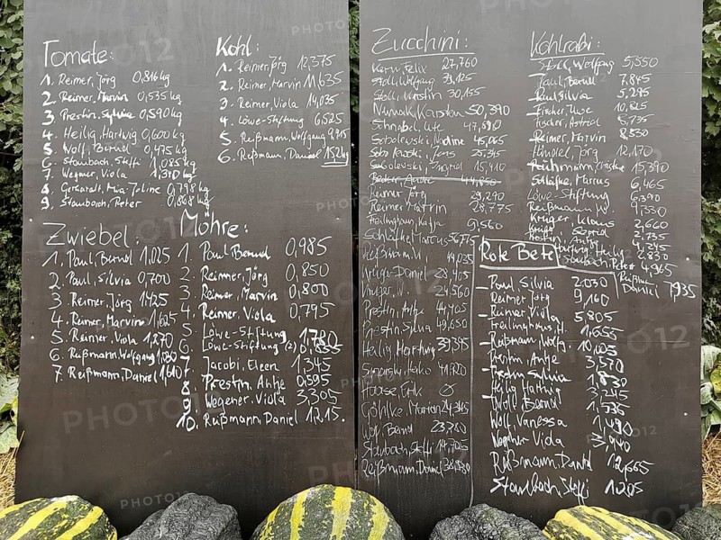 Handwritten list of different types of vegetables and their weights at a competition, chalk on black board, Brandenburg
