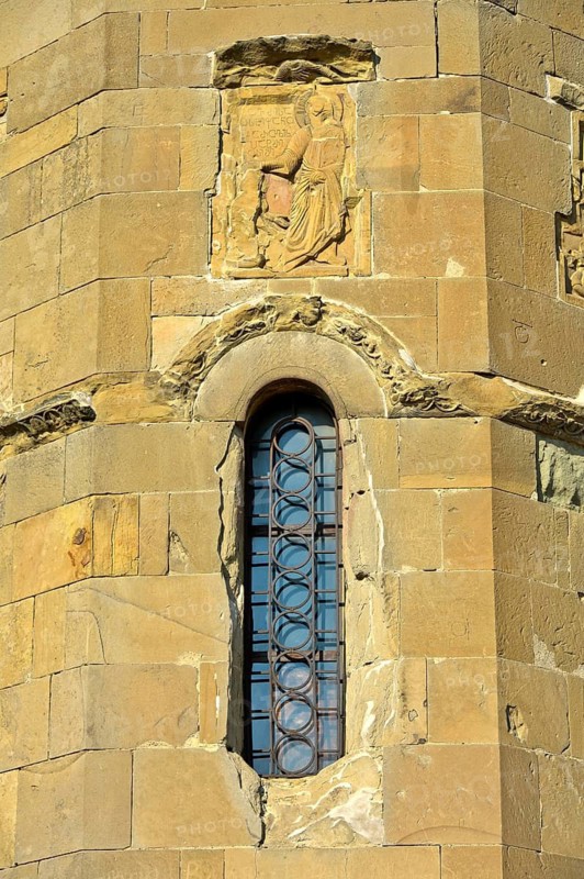 Bas-relief depicting the church founders Christ and Stephen I above the apse window, east façade of the Jvari Cross Church UNESCO World Heritage Site near Mtskheta, Georgia