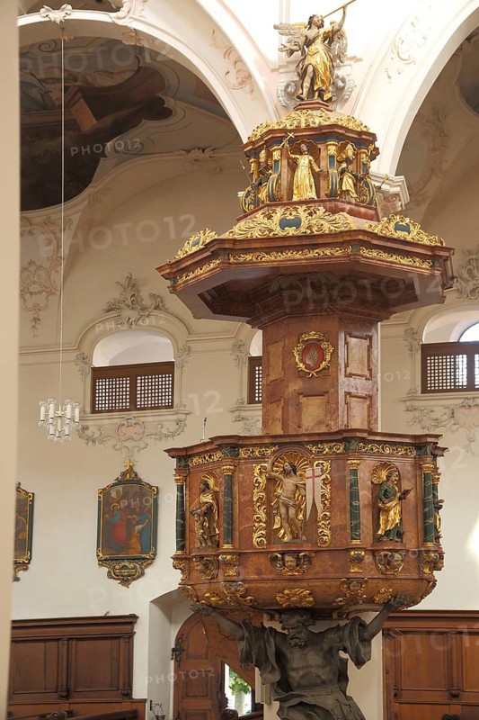 Pulpit with pulpit dome and decorations, handicrafts, interior view, baroque Fridolinsmünster, Bad Säckingen, Southern Black Forest, Black Forest, Baden-Württemberg, Germany